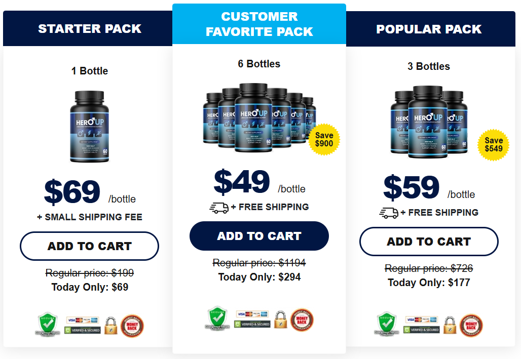 Seller promotional graphic showing HeroUP package prices